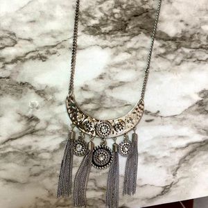 Hammered Silver Crystal and Chain Tassel Necklace